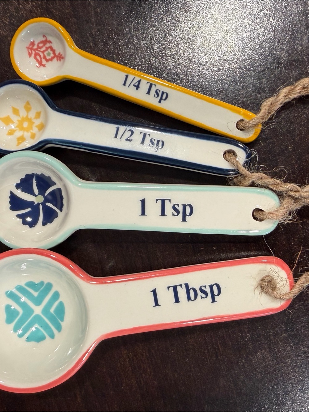 Source Unknown Ceramic Measuring Spoon Set in Yellow, Blue, Teal, Coral